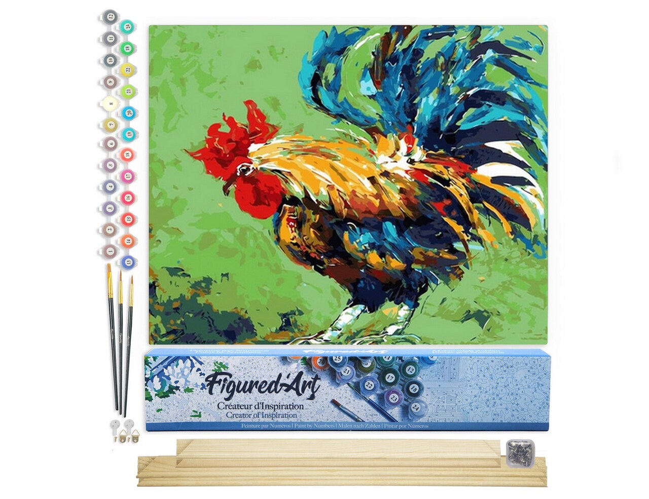 Figured'Art Paint by Numbers Kit for Adults Rooster 16"x20" - Craft Art Painting Rolled Canvas with DIY wooden frame